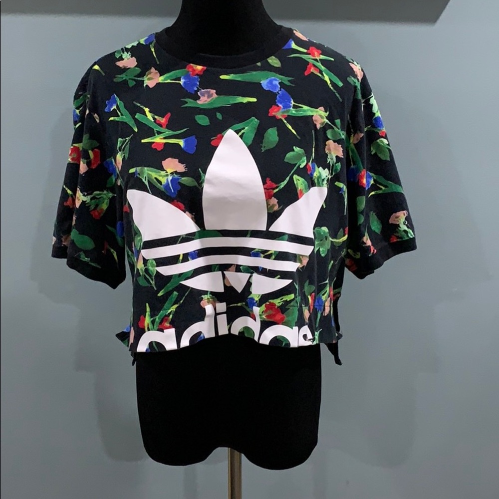 Adidas Womens Black Floral Cropped Logo Tee